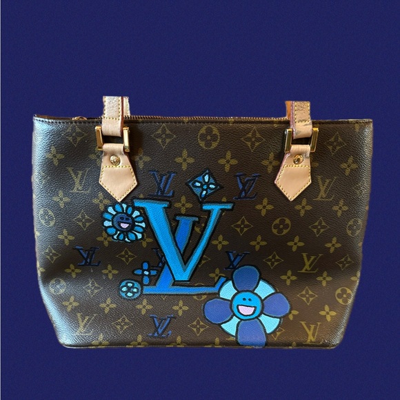 Louis Vuitton Blue Floral Tote Bag  Upcycled and Hand Painted - Picture 4 of 16